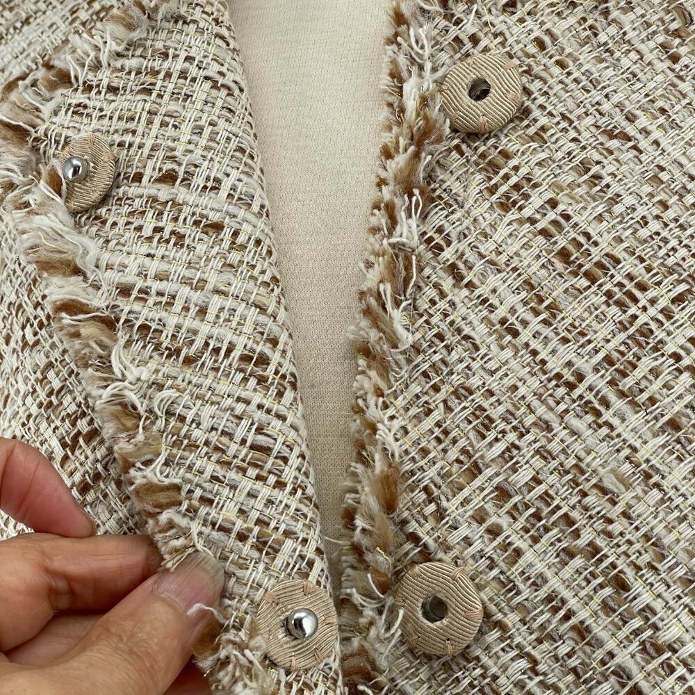 Brooks Brothers Fringed Cream Brown Metallic Nubby Tweed Fitted Career Blazer 12 - Picture 7 of 13